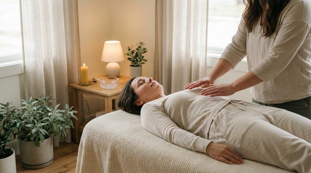 Holistic Reiki treatment in a peaceful wellness clinic